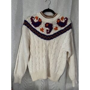 Cable Knit Sweater Crewneck Pullover Fair Isle‎ Patterned Cream Color